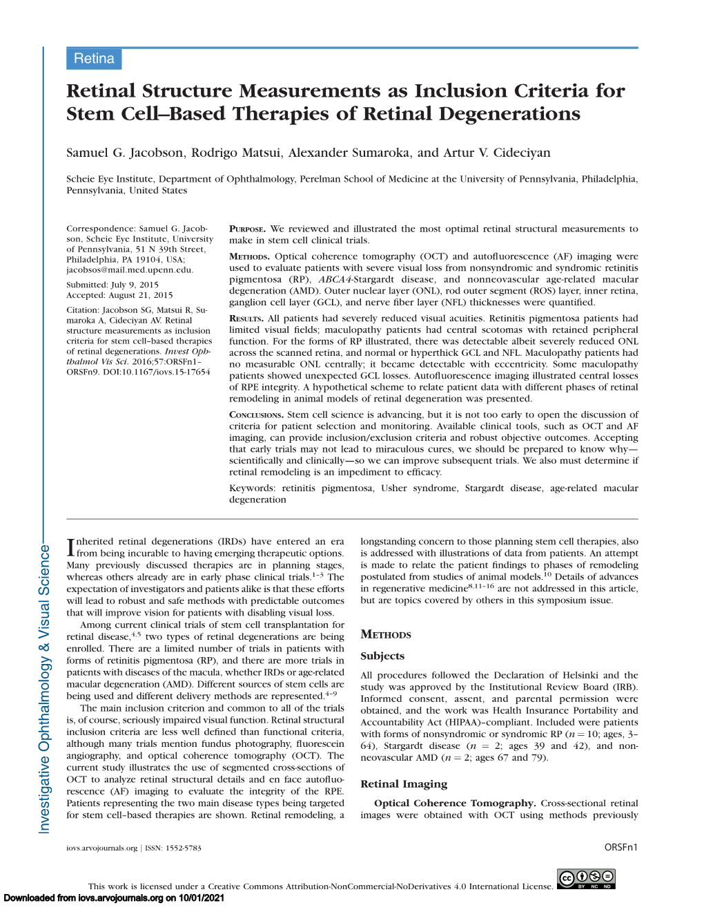 Retinal Structure Measurements As Inclusion Criteria for Stem Cell–Based Therapies of Retinal Degenerations