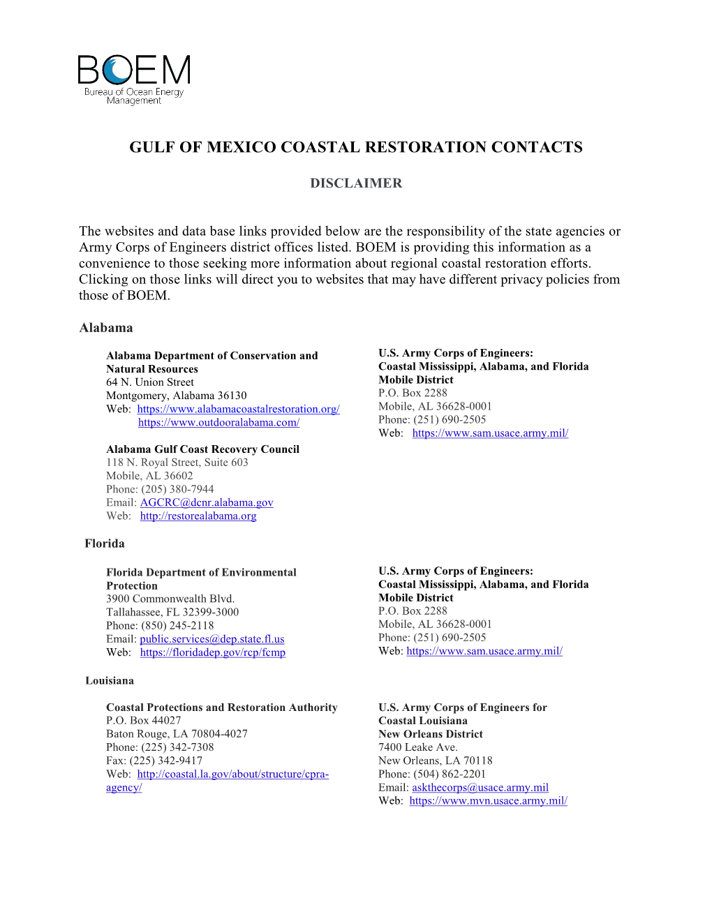 Gulf of Mexico Coastal Restoration Contacts