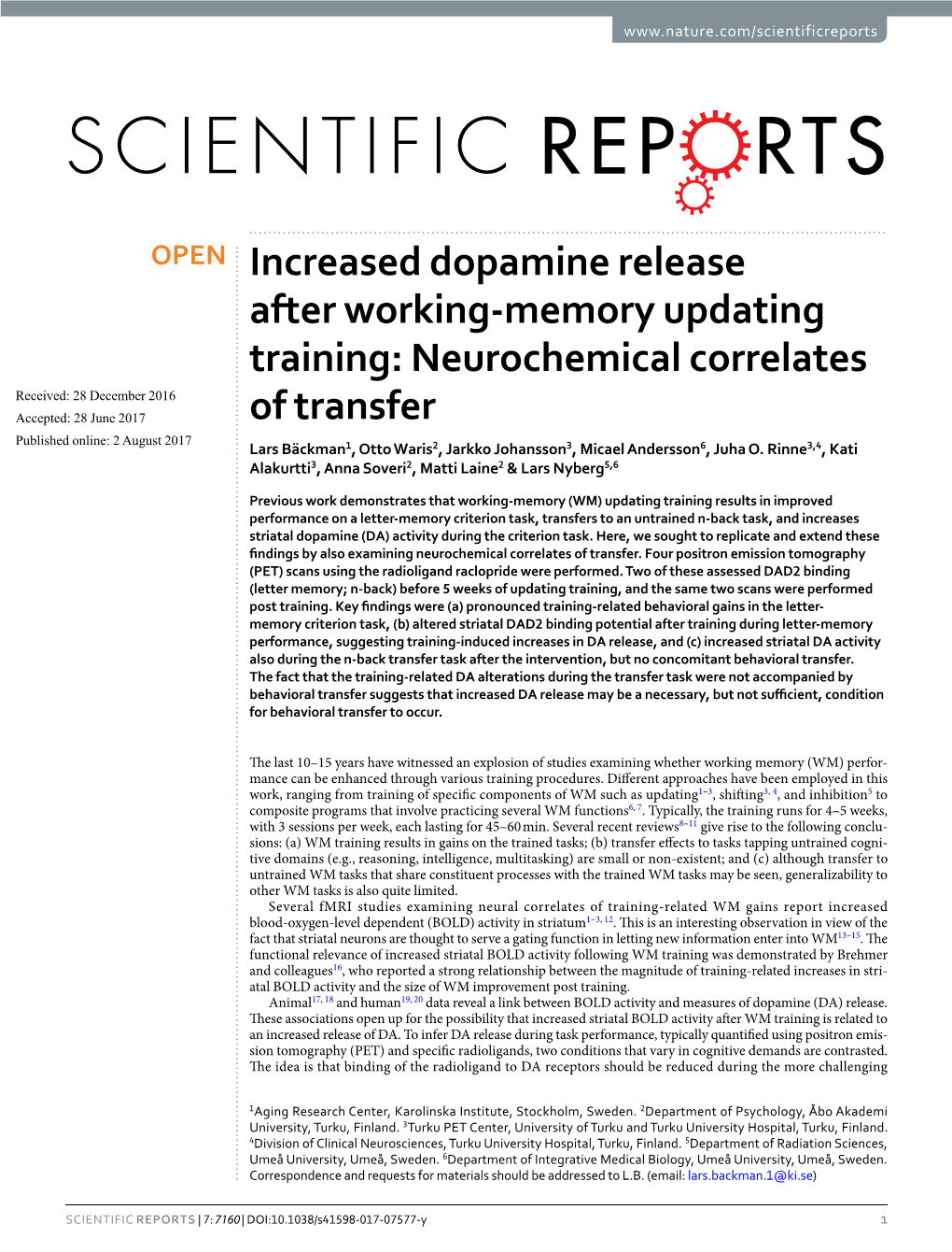 Increased Dopamine Release After Working-Memory Updating Training: Neurochemical Correlates of Transfer
