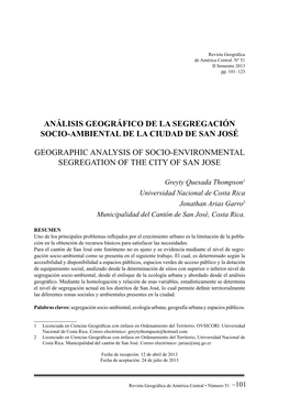 Análisis Geográfico De La Segregación Socio-Ambiental De La Ciudad De San José