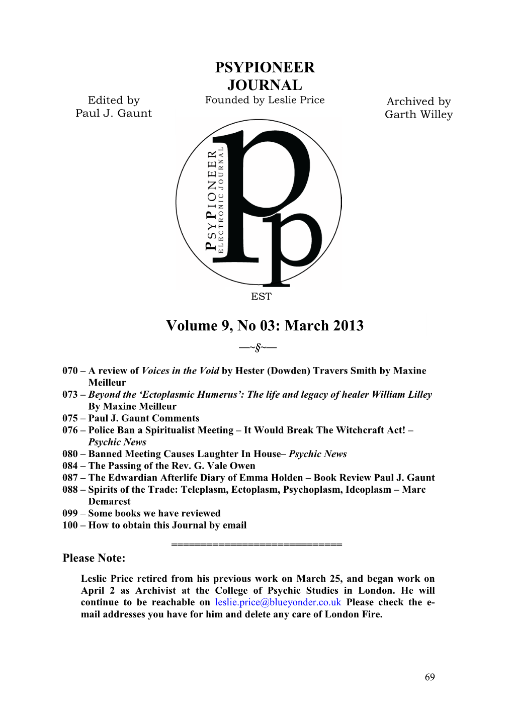 PSYPIONEER JOURNAL Volume 9, No 03: March 2013