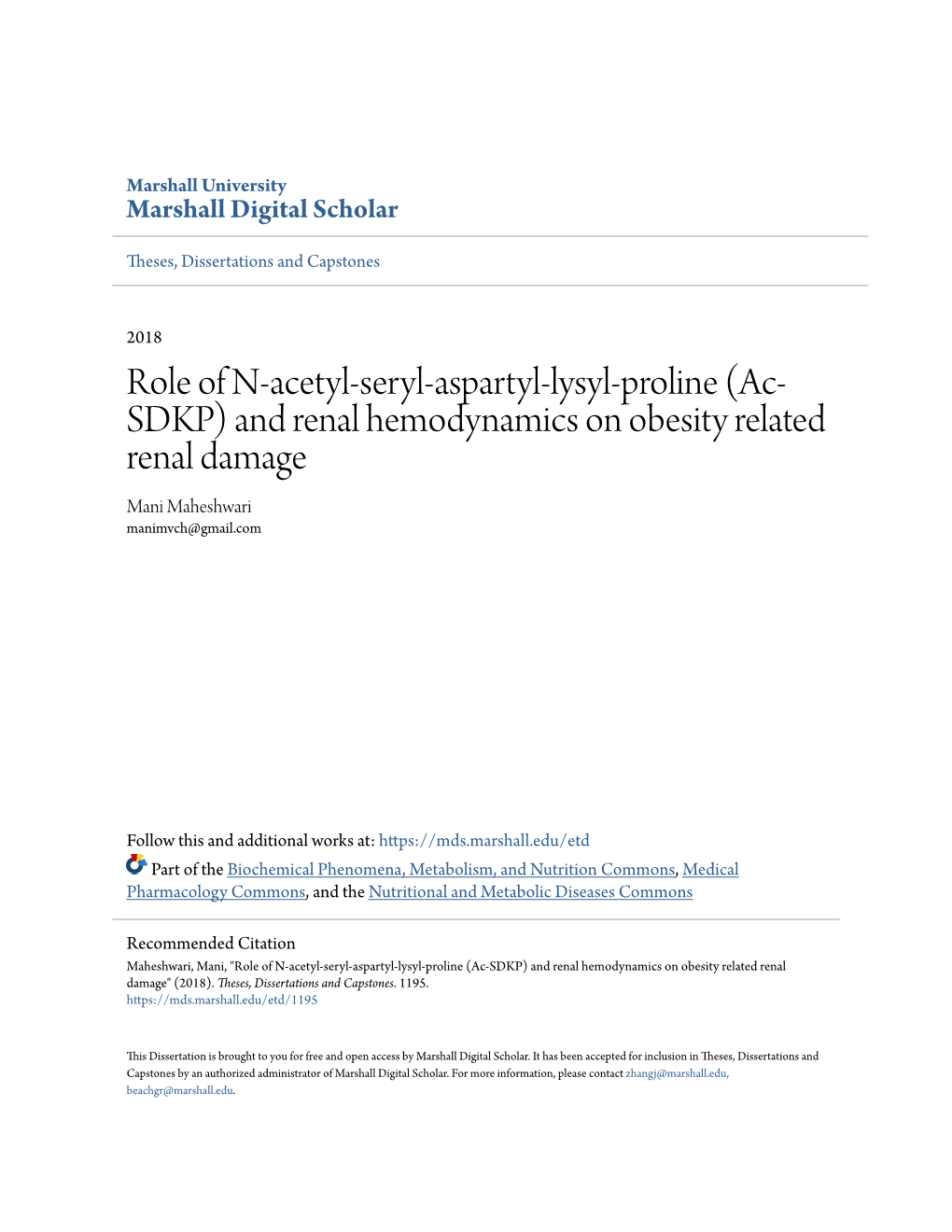 Ac-SDKP) and Renal Hemodynamics on Obesity Related Renal Damage" (2018)