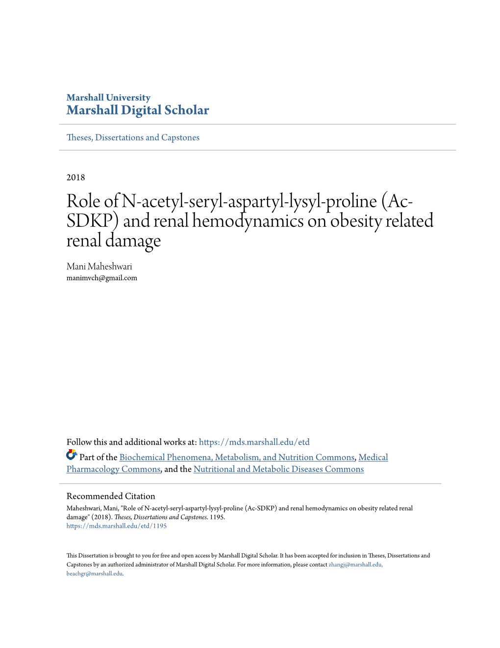 Ac-SDKP) and Renal Hemodynamics on Obesity Related Renal Damage