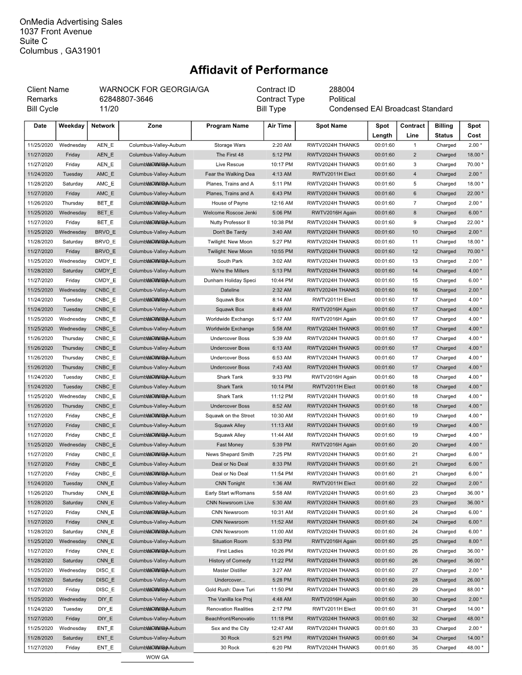 Affidavit of Performance