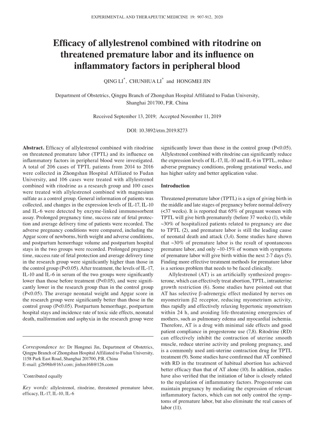 Efficacy of Allylestrenol Combined with Ritodrine on Threatened Premature Labor and Its Influence on Inflammatory Factors in Peripheral Blood