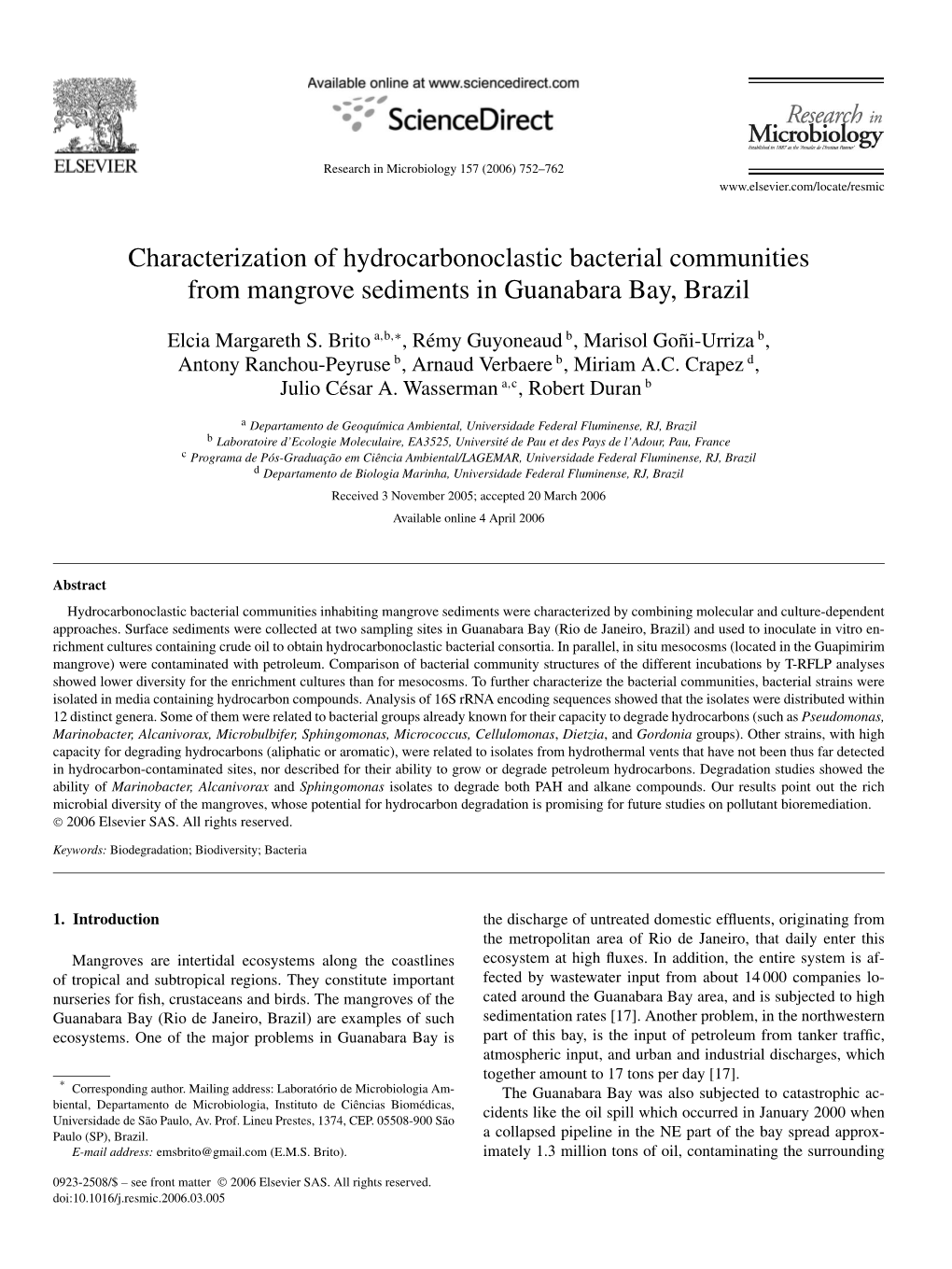 Characterization of Hydrocarbonoclastic Bacterial Communities from Mangrove Sediments in Guanabara Bay, Brazil