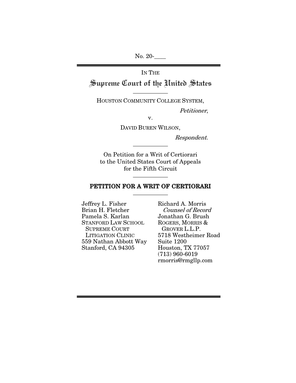 No. 20-___Petitioner, V. Respondent. on Petition for a Writ of Certiorari to the United States Court of Appeals for the Fifth