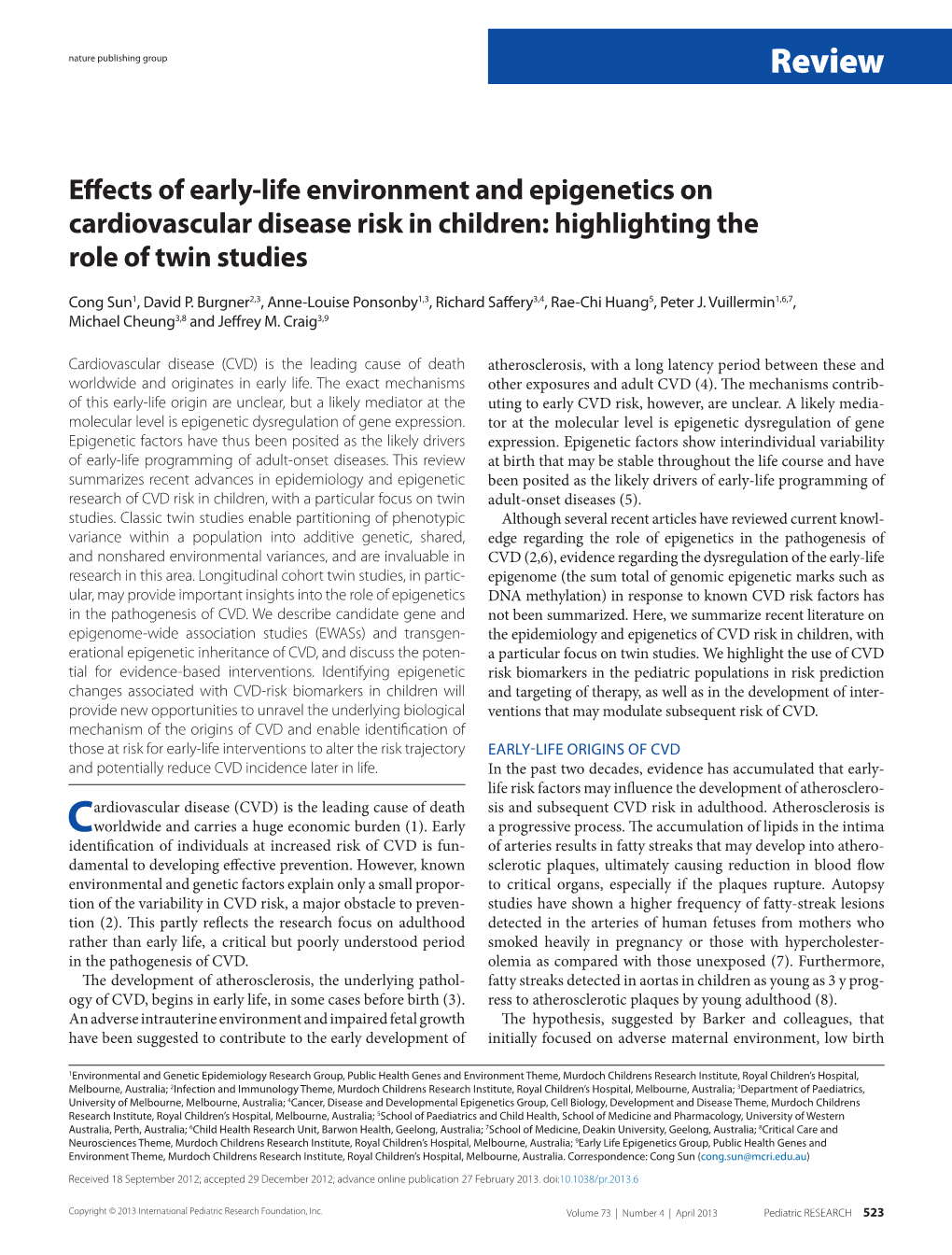 Effects of Early-Life Environment and Epigenetics on Cardiovascular Disease Risk in Children: Highlighting the Role of Twin Studies