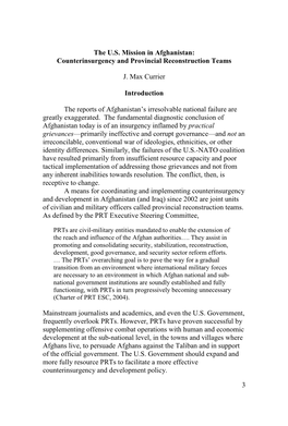 3 the U.S. Mission in Afghanistan: Counterinsurgency and Provincial Reconstruction Teams J. Max Currier Introduction the Reports
