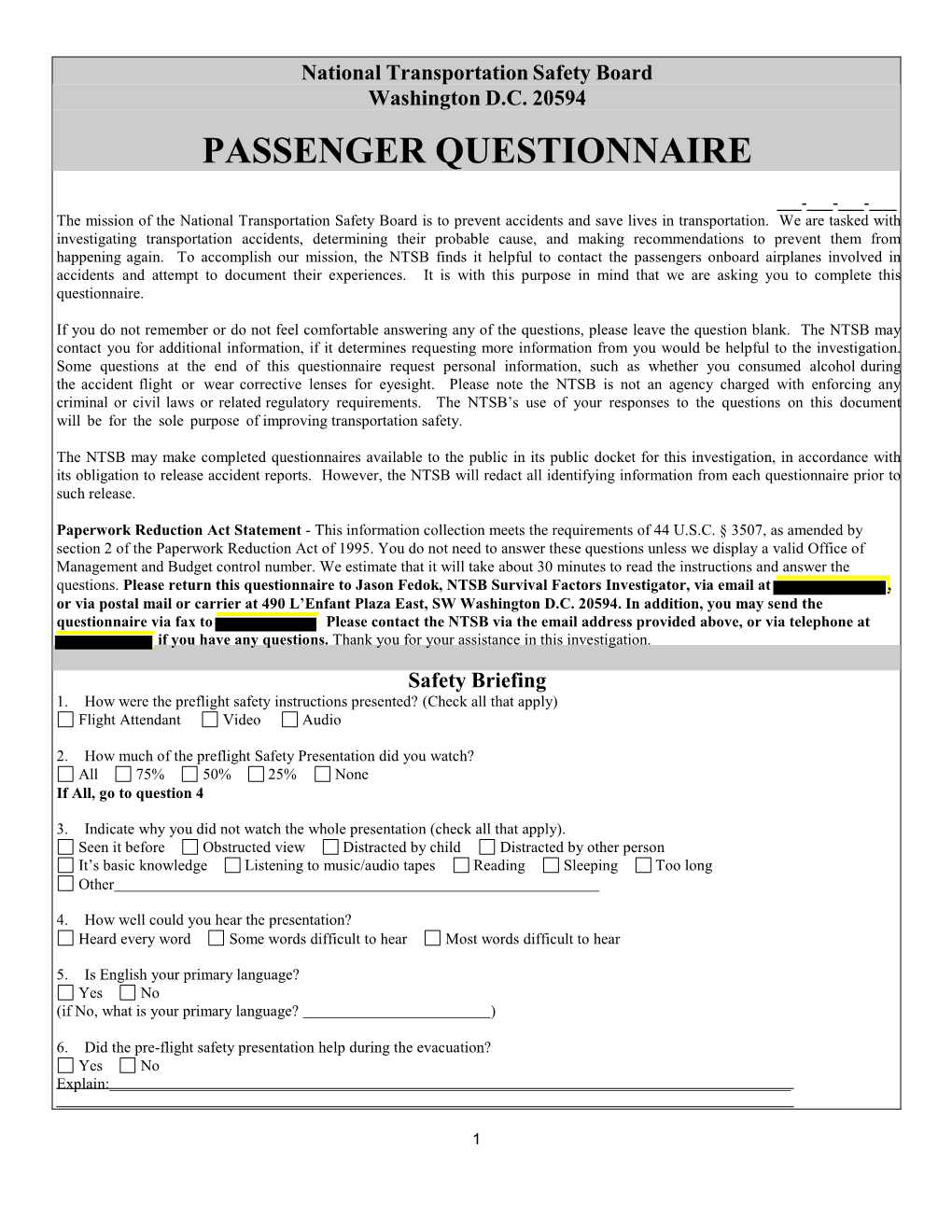 Passenger Questionnaire