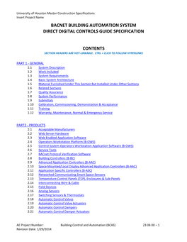 Bacnet Building Automation System Direct Digital Controls Guide Specification