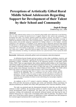 Perceptions of Artistically Gifted Rural Middle School Adolescents Regarding Support for Development of Their Talent by Their School and Community