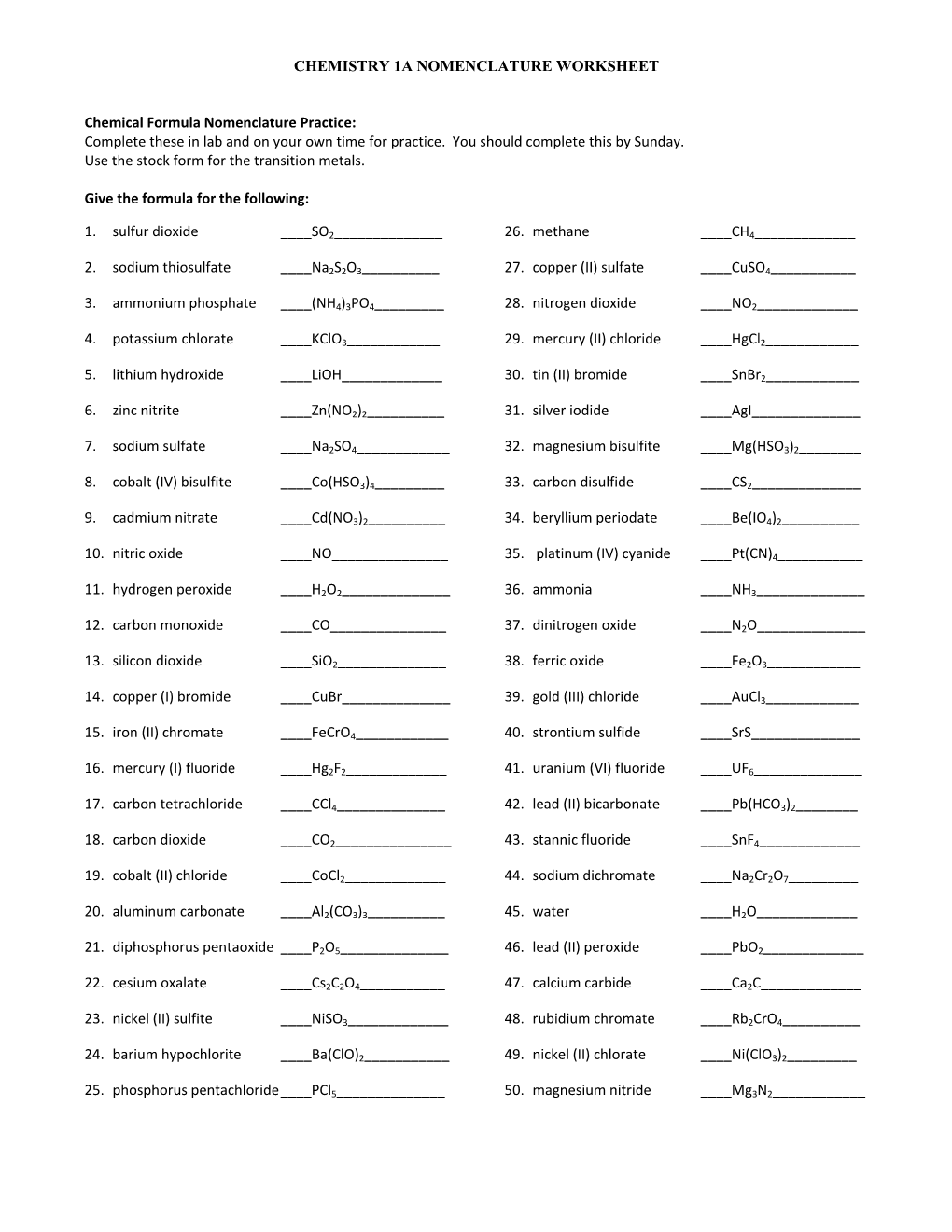 CHEMISTRY 1A NOMENCLATURE WORKSHEET Chemical Formula