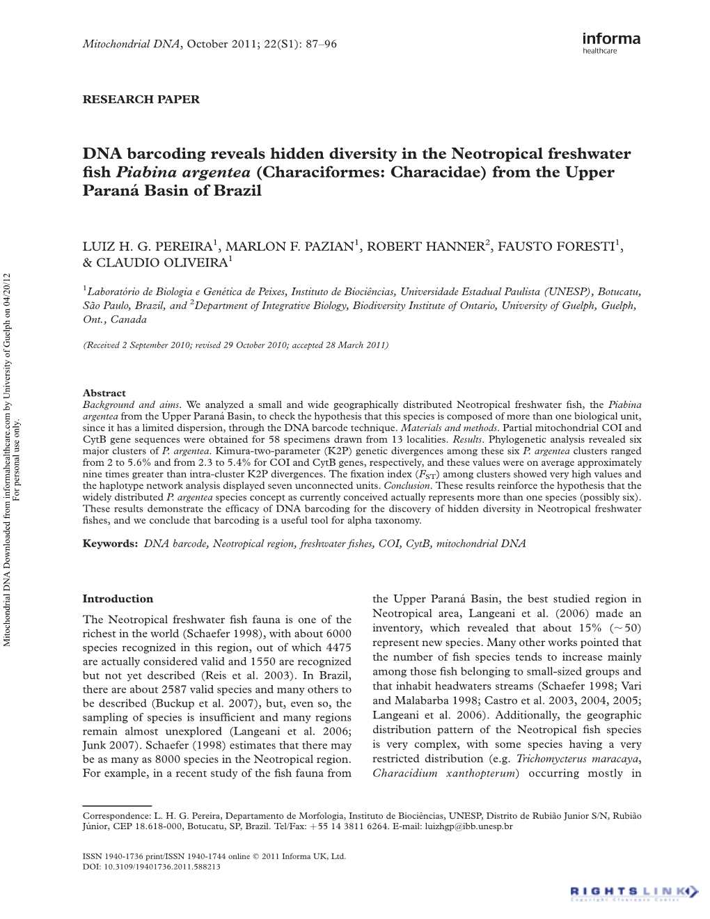 DNA Barcoding Reveals Hidden Diversity in the Neotropical Freshwater Fish Piabina Argentea