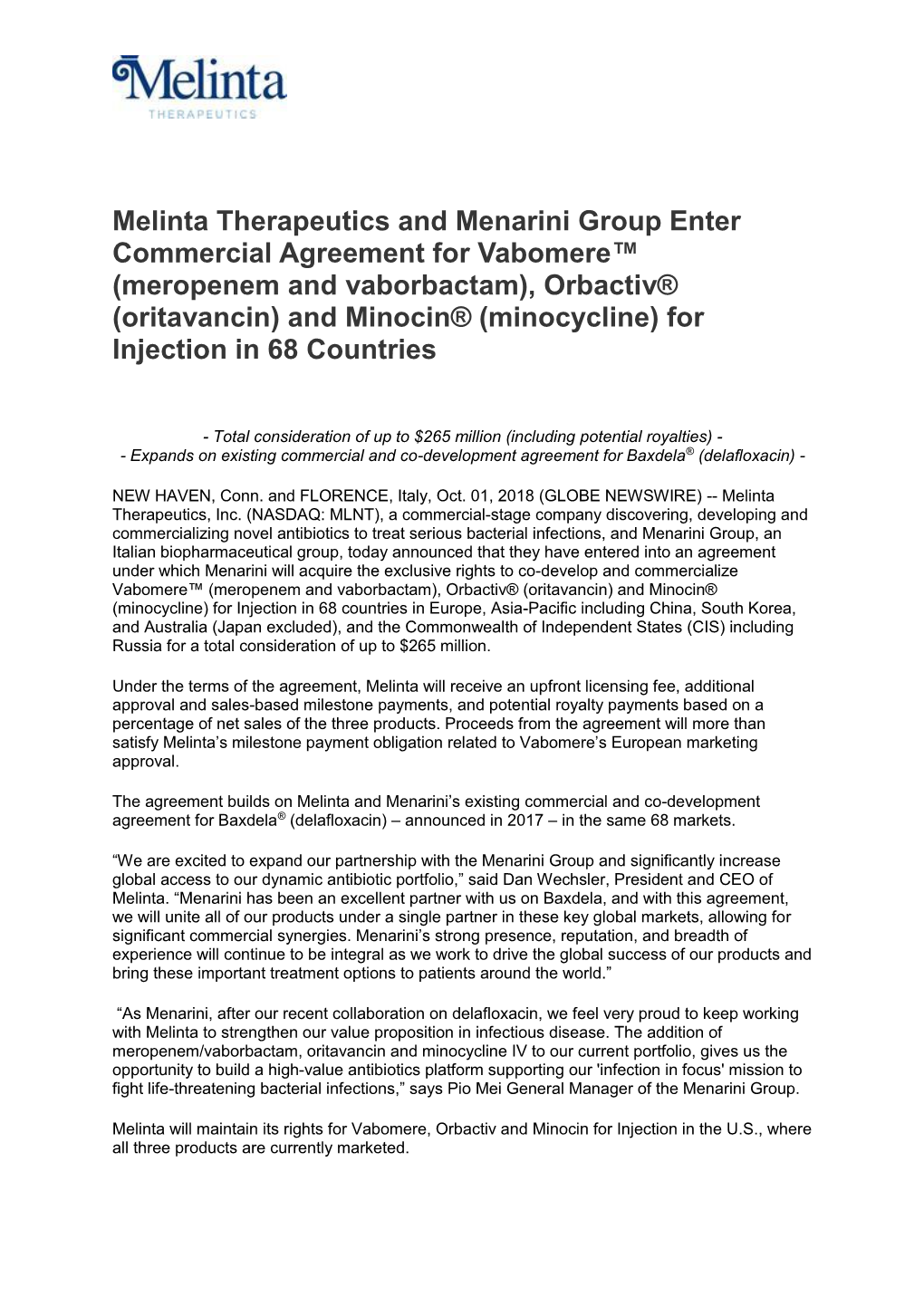Melinta Therapeutics and Menarini Group Enter Commercial Agreement for Vabomere™ (Meropenem and Vaborbactam), Orbactiv® (Orit