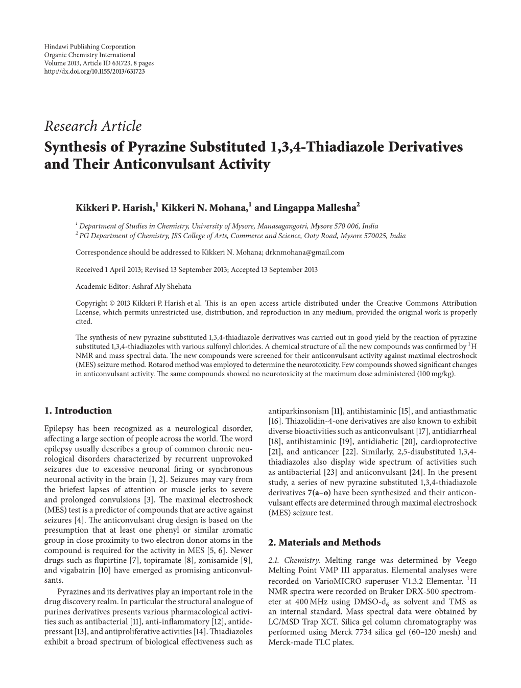 Synthesis of Pyrazine Substituted 1, 3, 4-Thiadiazole Derivatives And