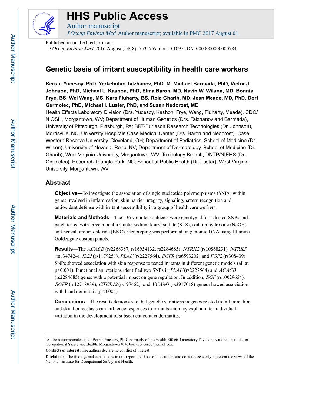 Genetic Basis of Irritant Susceptibility in Health Care Workers