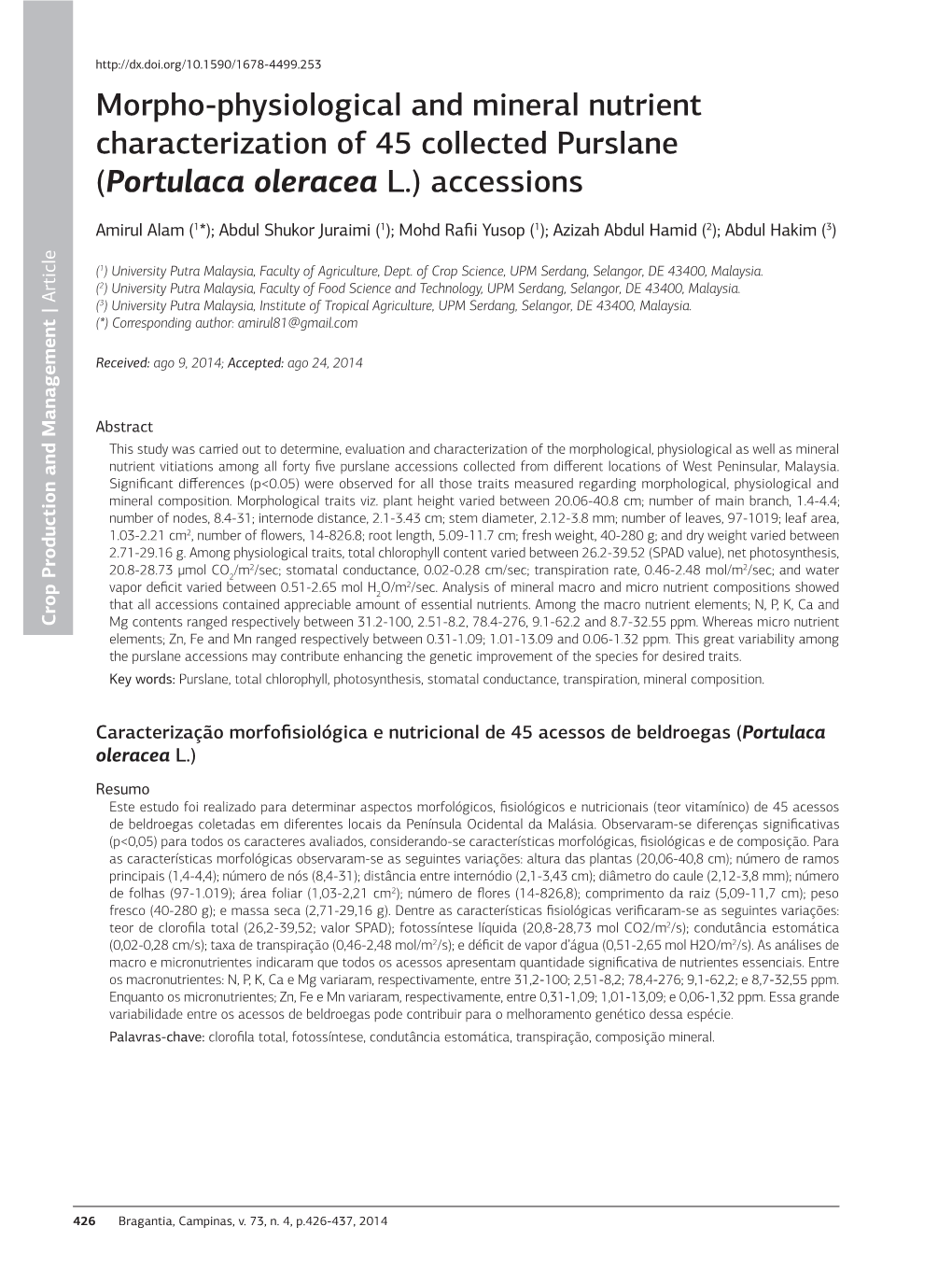 (Portulaca Oleracea L.) Accessions