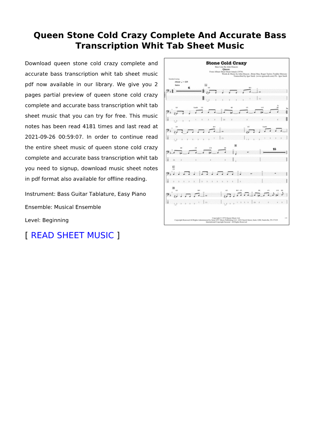 Queen Stone Cold Crazy Complete and Accurate Bass Transcription Whit Tab Sheet Music