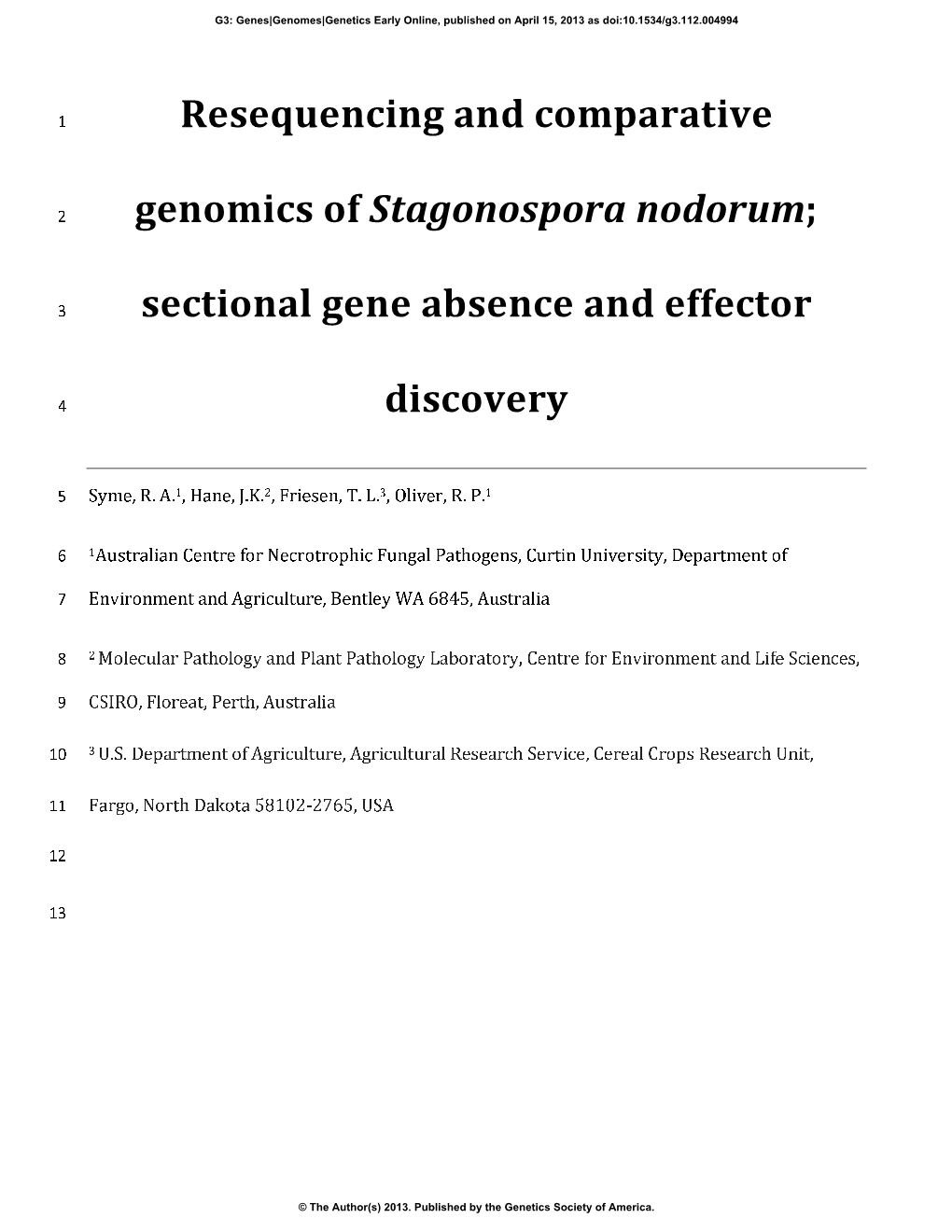 Resequencing and Comparative Genomics of Stagonospora Nodorum
