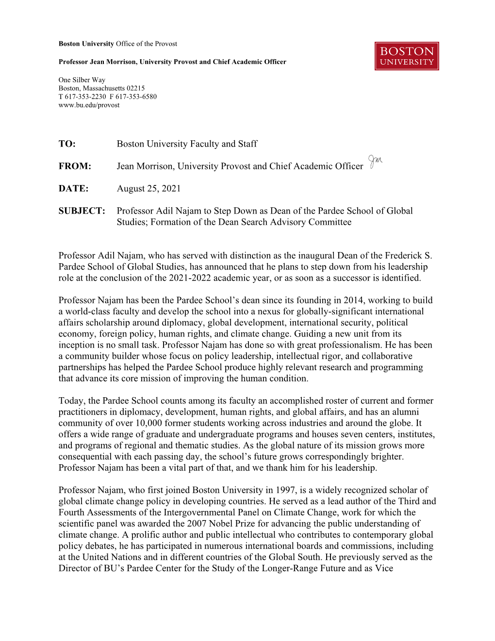 Professor Adil Najam to Step Down As Dean of the Pardee School of Global Studies; Formation of the Dean Search Advisory Committee