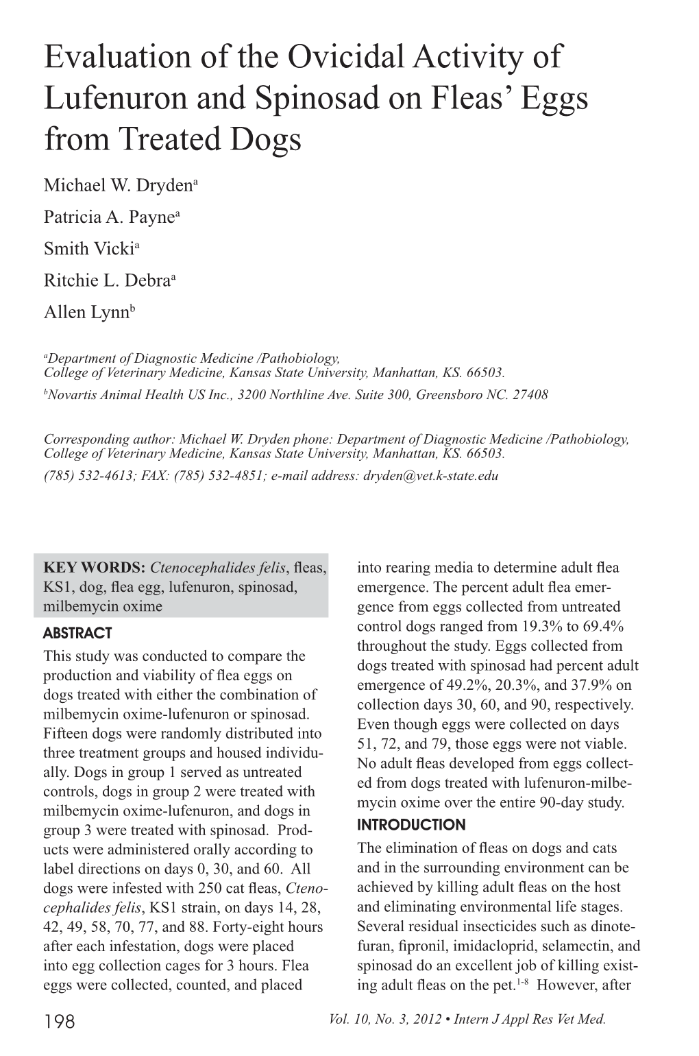 Evaluation of the Ovicidal Activity of Lufenuron and Spinosad on Fleas’ Eggs from Treated Dogs Michael W