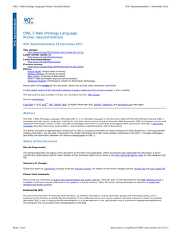 OWL 2 Web Ontology Language Primer (Second Edition) W3C Recommendation 11 December 2012