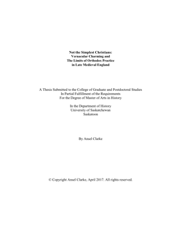 Not the Simplest Christians: a Thesis Submitted to the College Of