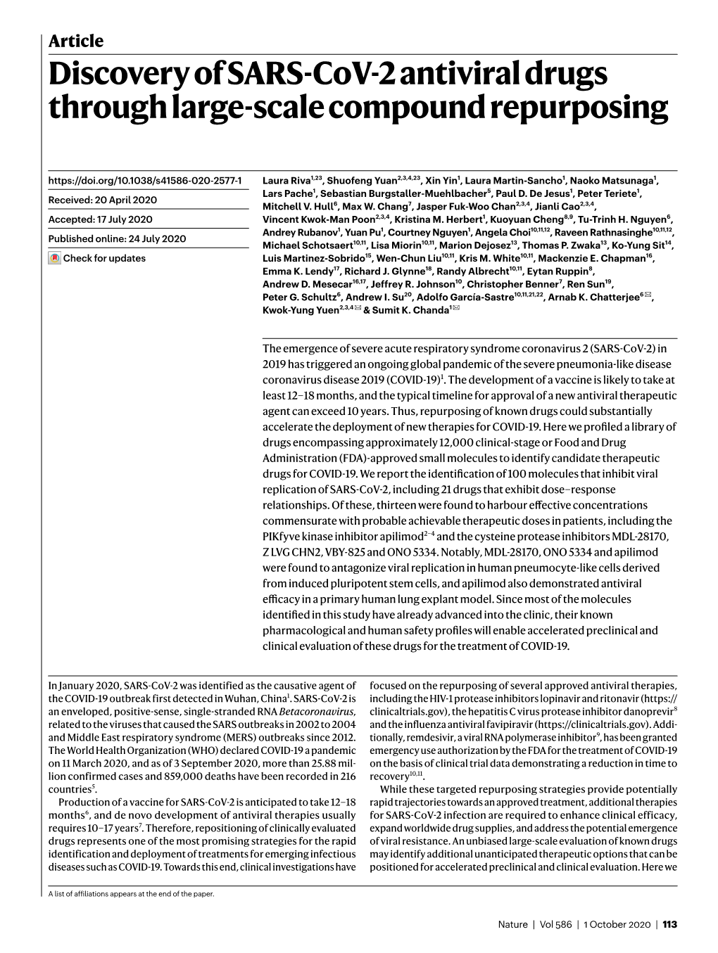 Discovery of SARS-Cov-2 Antiviral Drugs Through Large-Scale Compound Repurposing