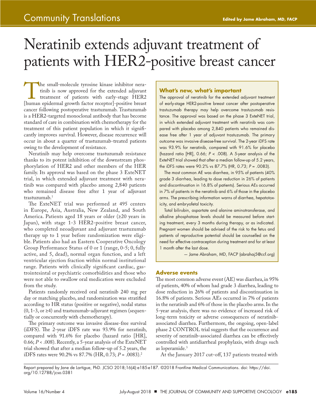 Neratinib Extends Adjuvant Treatment of Patients with HER2-Positive Breast Cancer