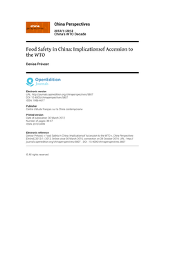 Food Safety in China: Implicationsof Accession to the WTO