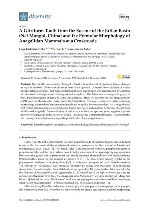 Nei Mongol, China) and the Premolar Morphology of Anagalidan Mammals at a Crossroads