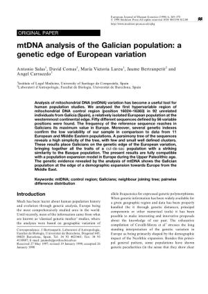 Mtdna Analysis of the Galician Population: a Genetic Edge of European Variation