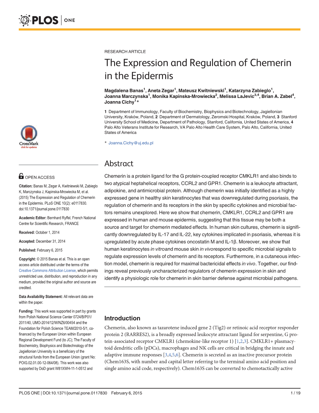 The Expression and Regulation of Chemerin in the Epidermis