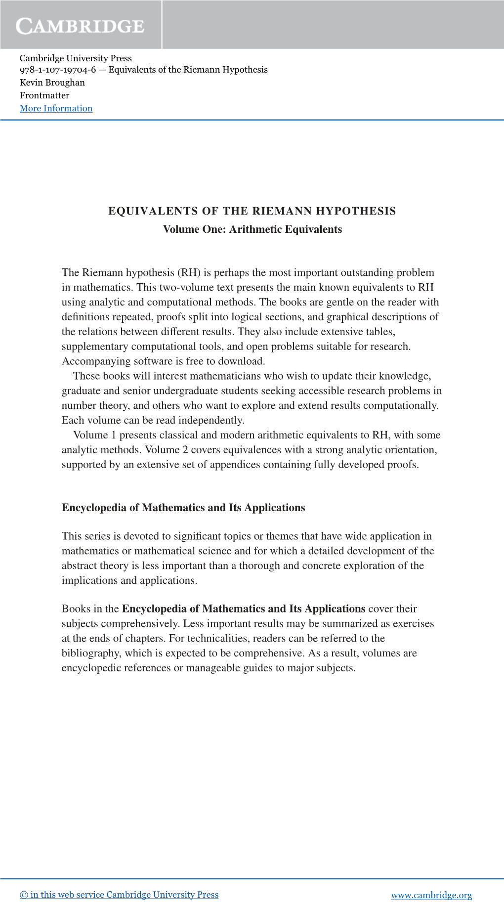 EQUIVALENTS of the RIEMANN HYPOTHESIS Volume One: Arithmetic Equivalents