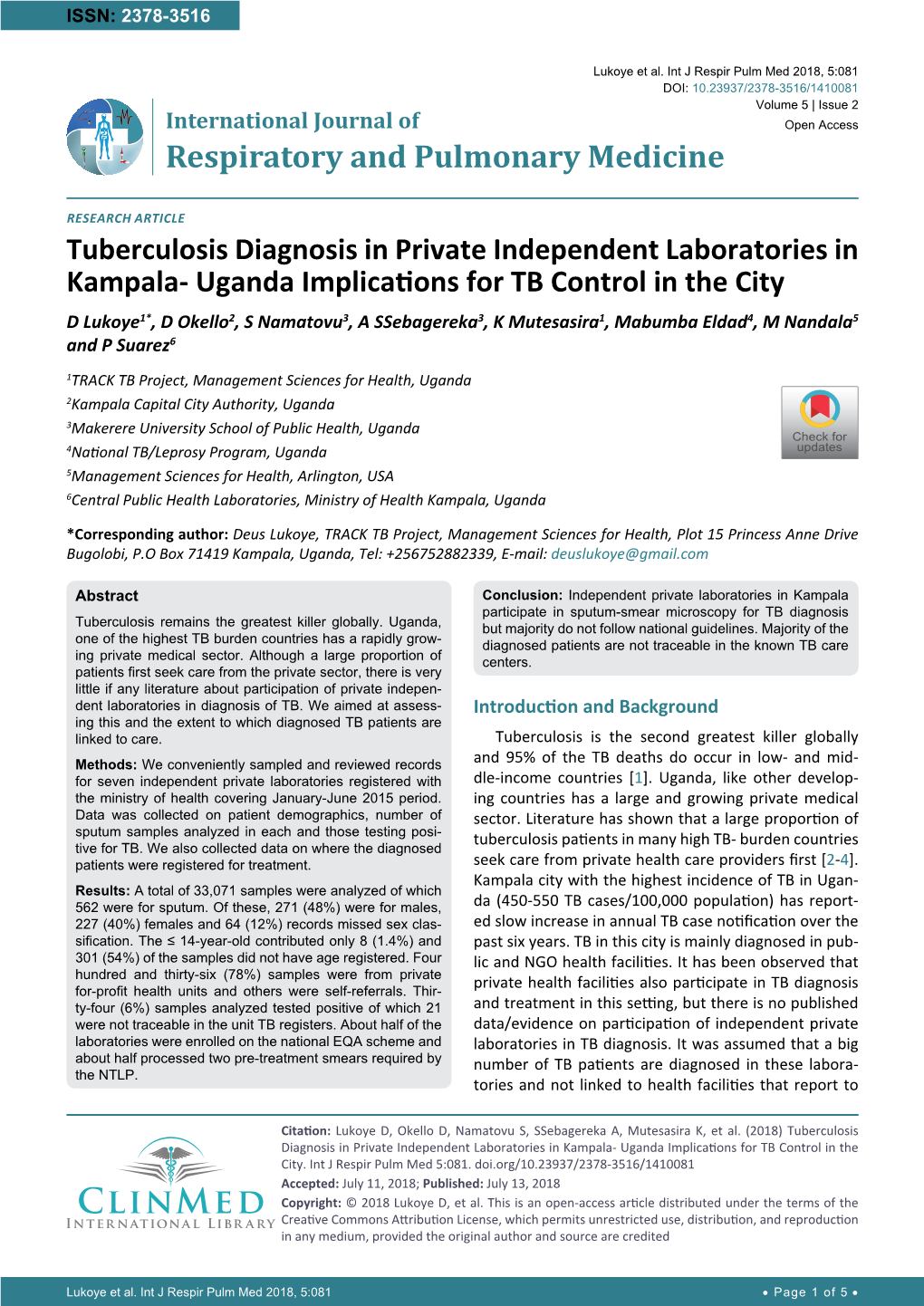 Tuberculosis Diagnosis in Private Independent Laboratories in Kampala-Uganda Implications for TB Control in the City