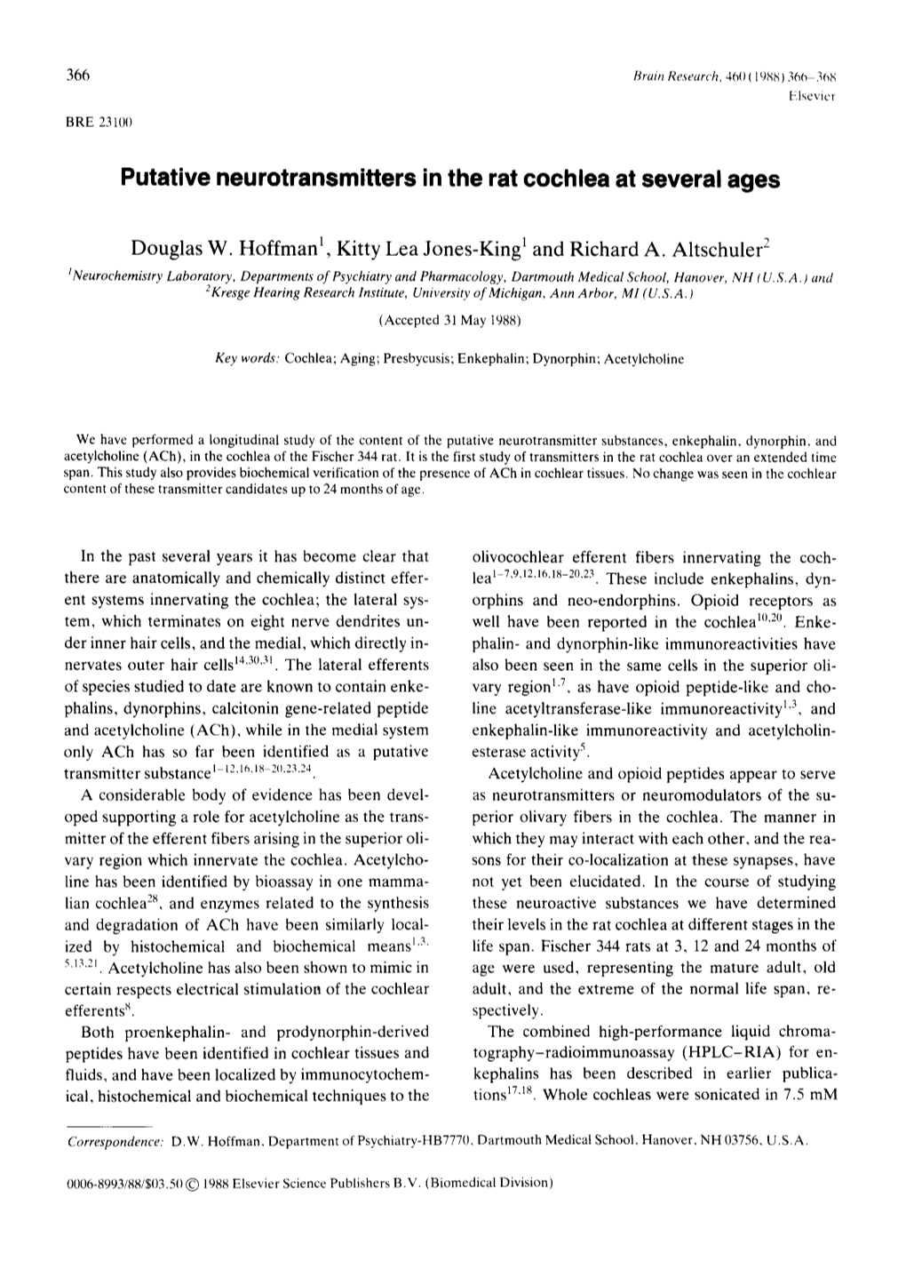 Putative Neurotransmitters in the Rat Cochlea at Several Ages