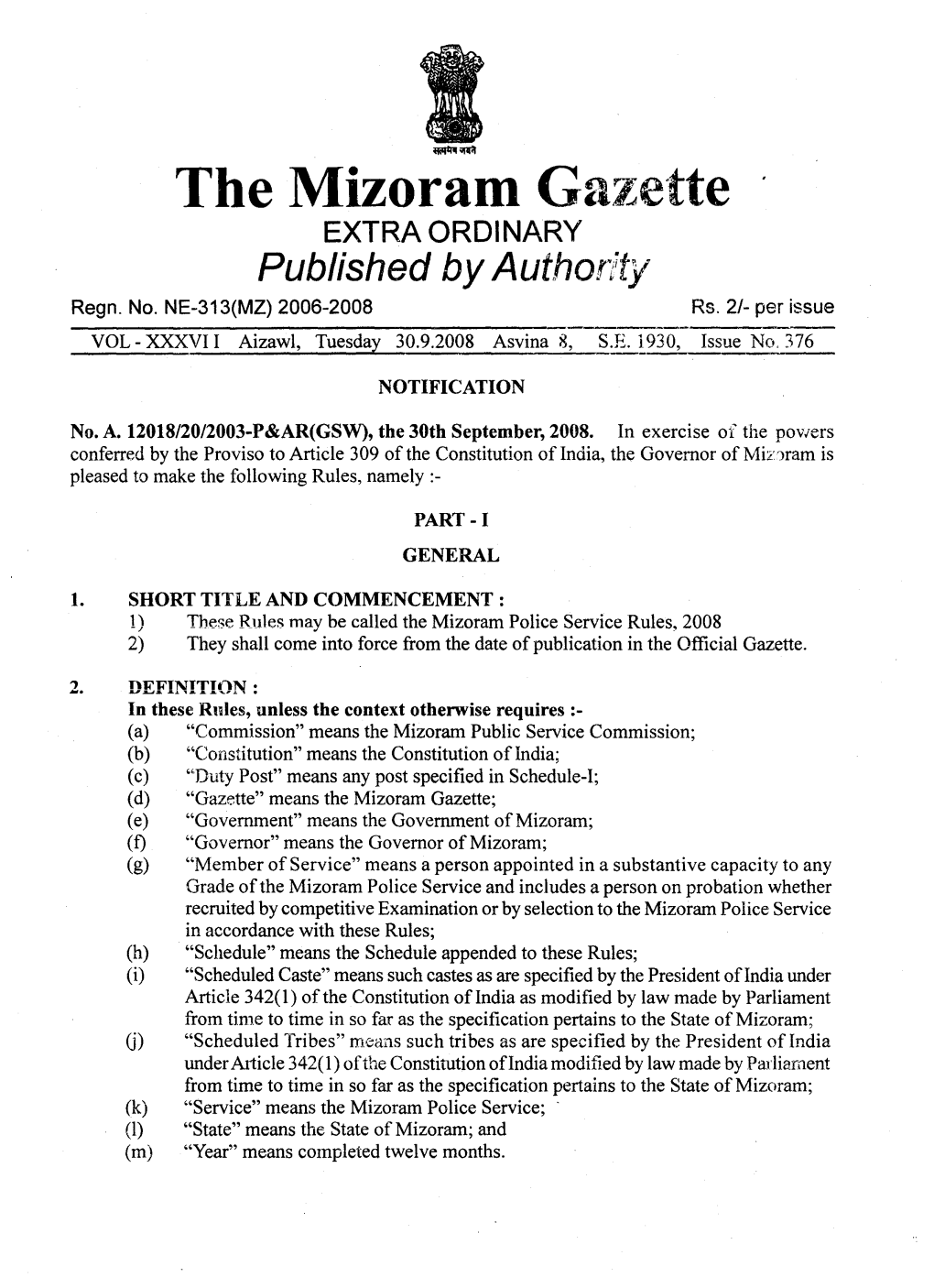 The Mizoram Gazette EXTRA ORDINARY Published Byauthorlty Regn