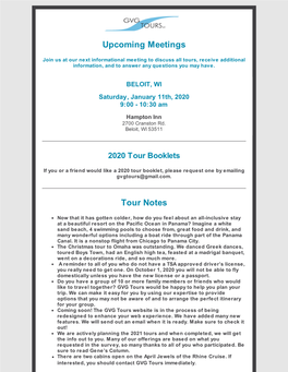 Upcoming Meetings Tour Notes