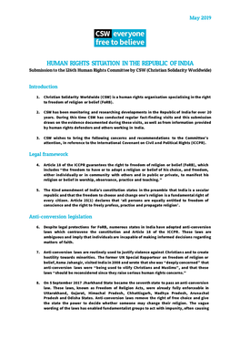 HUMAN RIGHTS SITUATION in the REPUBLIC of INDIA Submission to the 126Th Human Rights Committee by CSW (Christian Solidarity Worldwide)