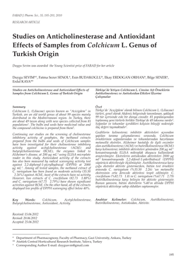 Studies on Anticholinesterase and Antioxidant Effects of Samples from Colchicum L