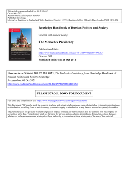 Routledge Handbook of Russian Politics and Society the Medvedev
