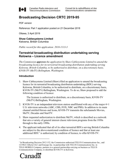 Terrestrial Broadcasting Distribution Undertaking Serving Kelowna – Licence Amendment