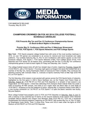 Champions Crowned on Fox As 2014 College Football Schedule Unveiled