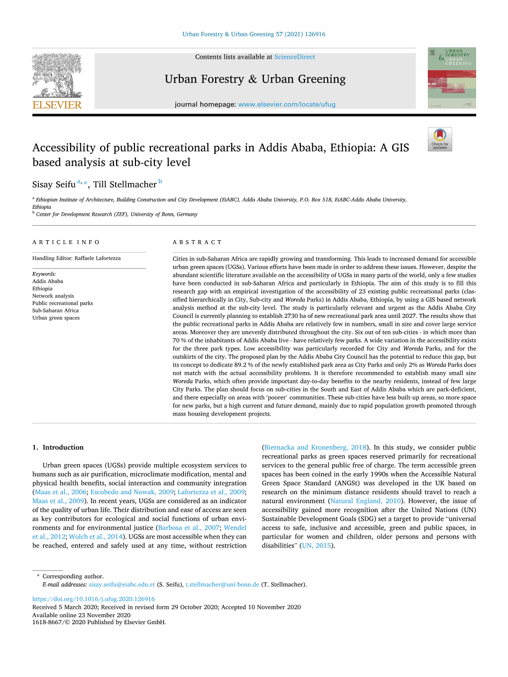 Accessibility of Public Recreational Parks in Addis Ababa, Ethiopia: a GIS Based Analysis at Sub-City Level