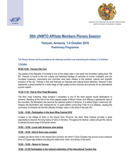 38Th UNWTO Affiliate Members Plenary Session Yerevan, Armenia, 1-4 October 2016 Preliminary Programme