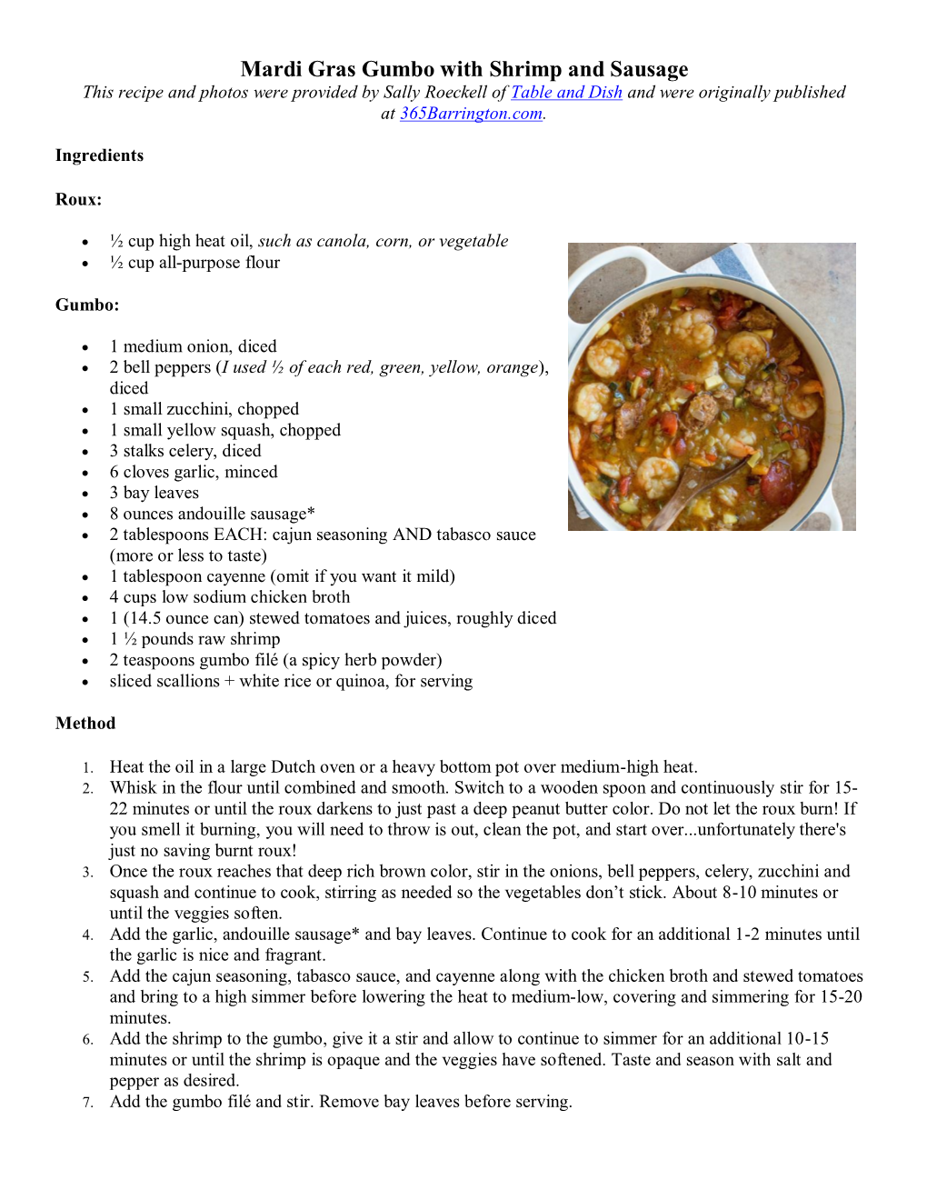 Mardi Gras Gumbo with Shrimp and Sausage This Recipe and Photos Were Provided by Sally Roeckell of Table and Dish and Were Originally Published at 365Barrington.Com