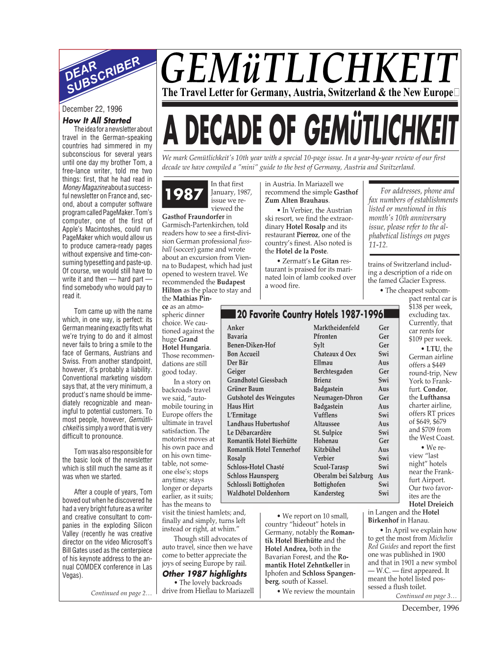 Gemütlichkeit SUBSCRIBER the Travel Letter for Germany, Austria, Switzerland & the New Europe