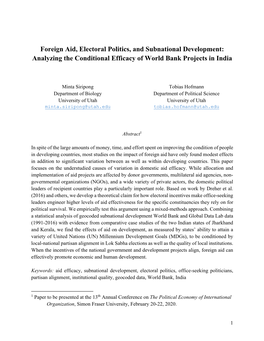 Foreign Aid, Electoral Politics, and Subnational Development: Analyzing the Conditional Efficacy of World Bank Projects in India