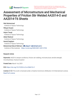Assessment of Microstructure and Mechanical Properties of Friction Stir Welded AA2014-O and AA2014-T6 Sheets